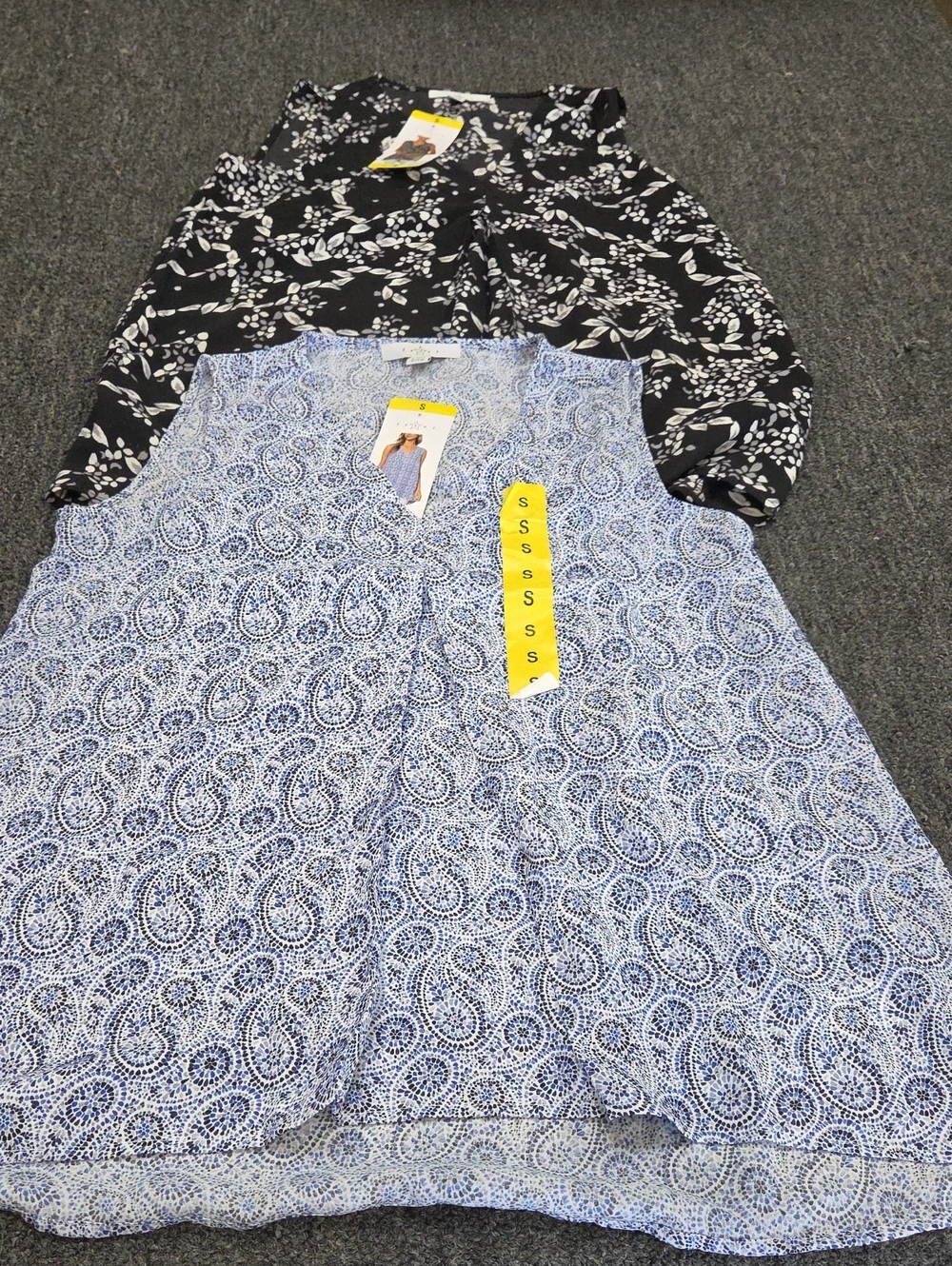 (#4C) 2 Fever Sleeveless Blouses 1 black and white and 1 blue paisley
